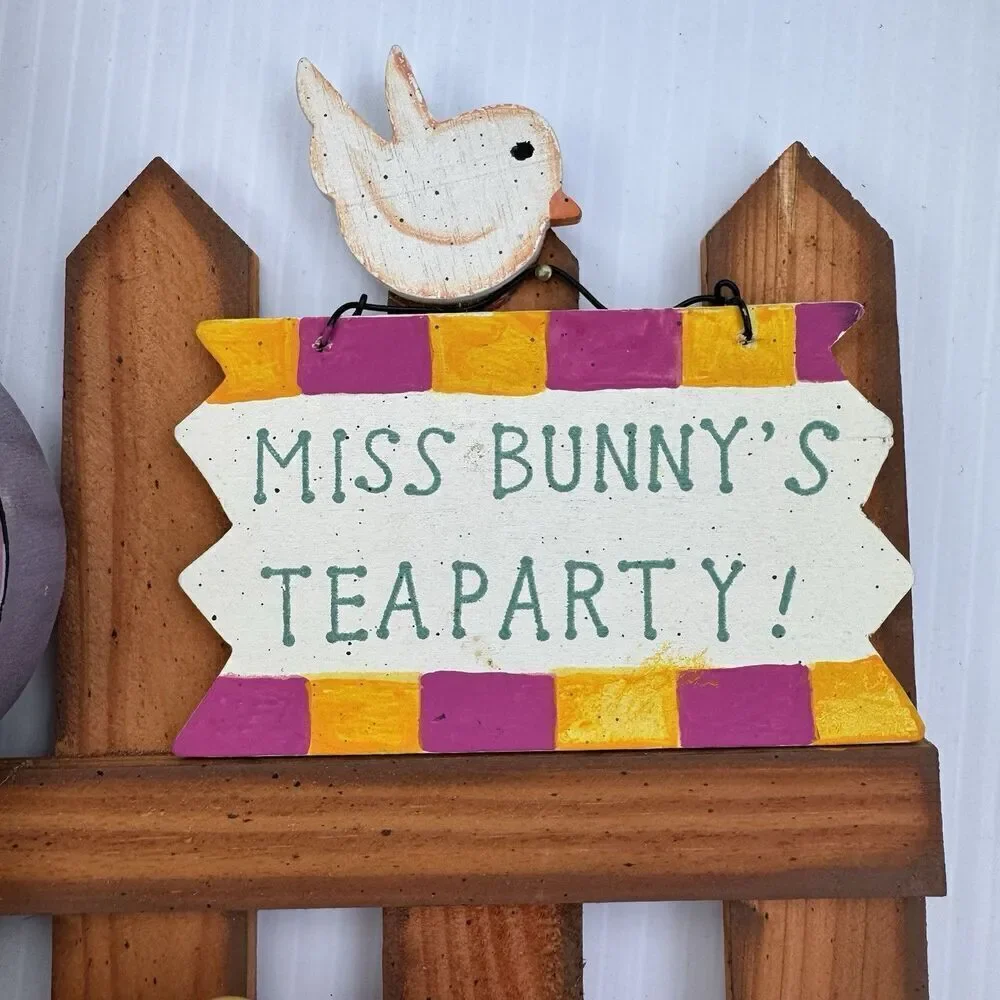Vintage Easter Bunny Tea Party Wooden Standing Sign 3D Spring Decor